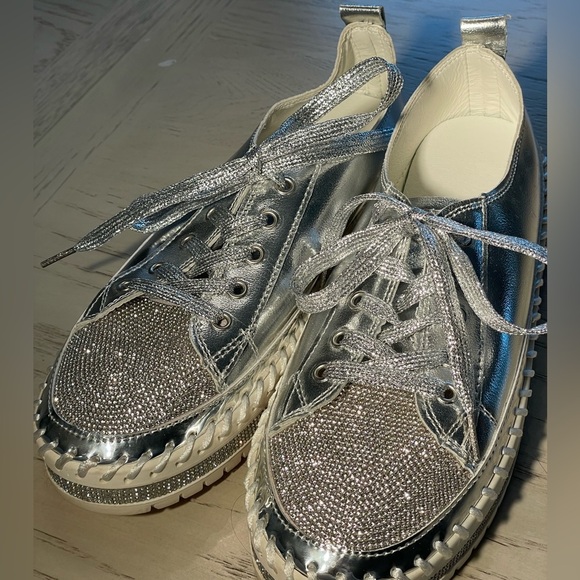 Metallic Silver Rhinestone Platform Sneakers with Espadrille Like Sole Size 8.5 - Picture 5 of 8